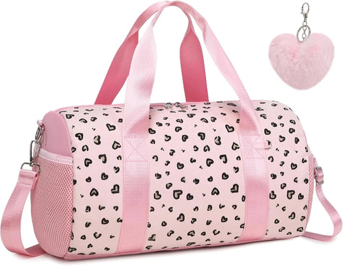 Mandotos International glitter hearts ballet bag for girls, duffel style with handles, ideal for travel, gym, or weekend use.