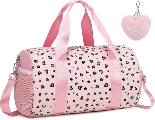 Mandotos International glitter hearts ballet bag for girls, duffel style with handles, ideal for travel, gym, or weekend use.