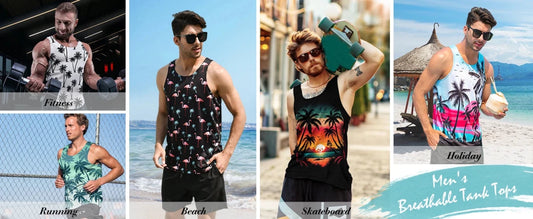 Mandotos International Hawaiian palm print men's tank top, perfect for summer beach trips, featuring vibrant tropical design.