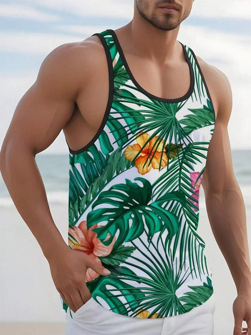 Mandotos International Hawaiian style palm print men's tank top, perfect for summer beach trips and casual wear.