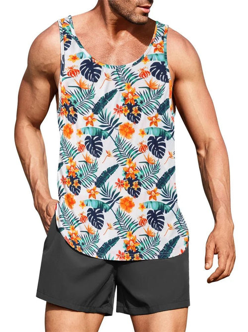 Mandotos International Hawaiian palm print men's tank top, perfect for summer beach trips and casual wear.