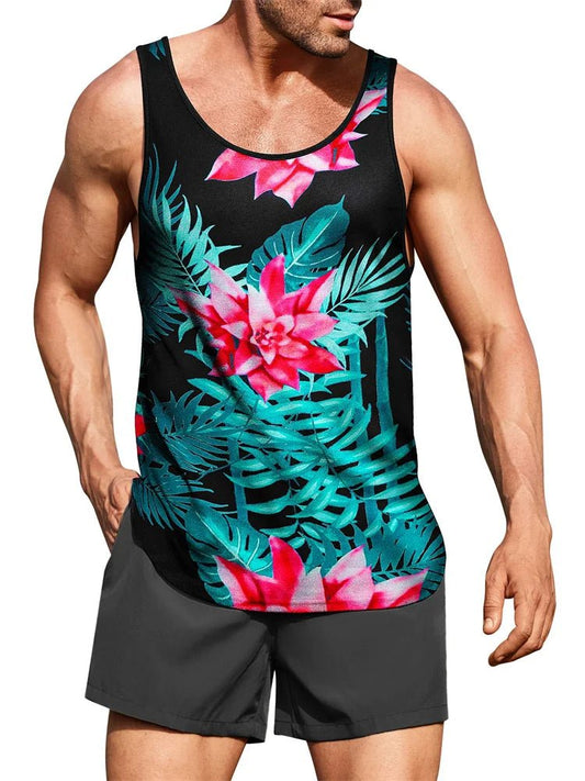 Hawaiian style palm print men's tank top by MANDOTOS INTERNATIONAL for summer beach trips, featuring vibrant tropical design.
