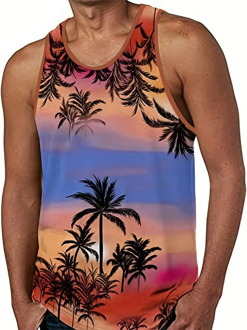 Hawaiian style palm print men's tank top by MANDOTOS INTERNATIONAL, perfect for summer beach trips and casual wear.