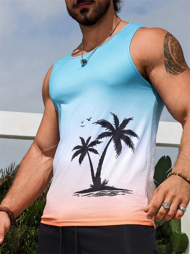 Hawaiian Style Palm Print Men's Tank Top for Summer Beach Trips - MANDOTOS INTERNATIONAL