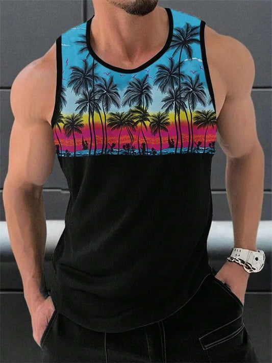 Mandotos International Hawaiian-style palm print men's tank top, perfect for summer beach trips, featuring vibrant tropical design.