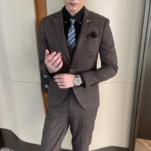 British Korean style plaid men's 3-piece business casual suit set by MANDOTOS INTERNATIONAL, featuring a tailored blazer, vest, and trousers.