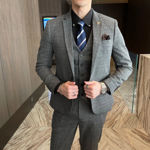 High-quality British Korean style plaid men's 3-piece business casual suit set by MANDOTOS INTERNATIONAL, featuring a jacket, vest, and trousers.