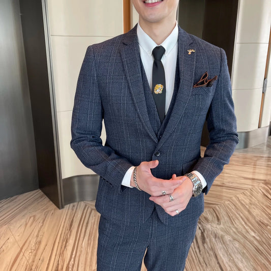 Mandotos International men's 3-piece British Korean style plaid casual suit set with blazer, vest, and trousers.