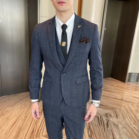 High-quality British Korean style plaid men's 3-piece business casual suit set by MANDOTOS INTERNATIONAL, featuring a blazer, vest, and trousers.