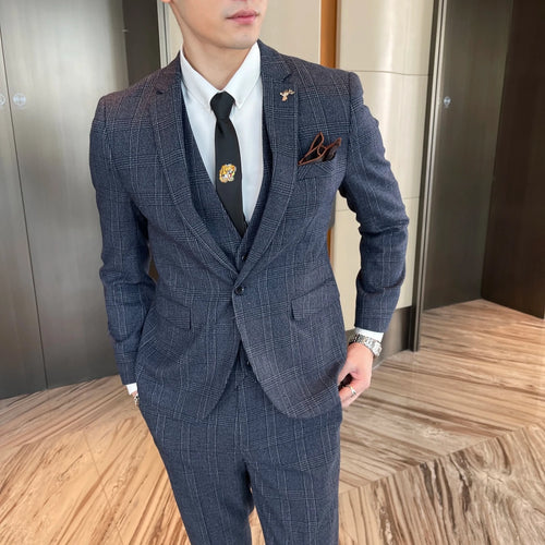 High-quality British Korean style plaid men's 3-piece business casual suit set by MANDOTOS INTERNATIONAL, showing the jacket, vest, and trousers.