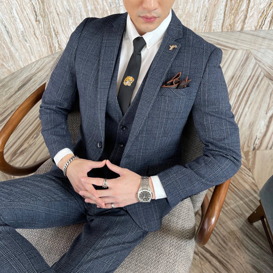 Mandotos International men's 3-piece British Korean plaid business casual suit set with jacket, vest, and trousers.