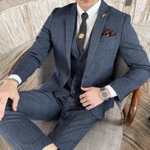 High-quality British Korean style plaid men's 3-piece business casual suit set by MANDOTOS INTERNATIONAL.