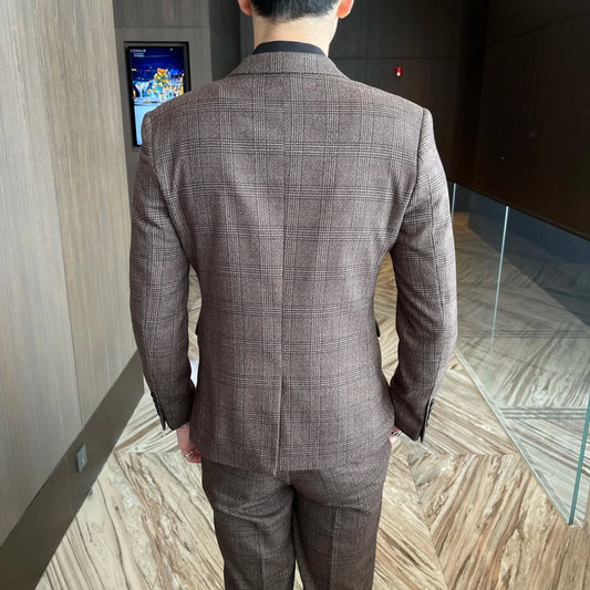 Men's 3-piece British Korean style plaid suit set by MANDOTOS INTERNATIONAL, featuring a tailored blazer, vest, and trousers for business casual.