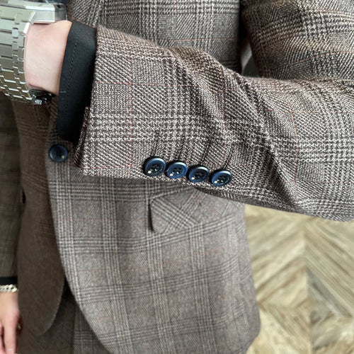 British Korean style plaid men's 3-piece business casual suit set by MANDOTOS INTERNATIONAL, featuring tailored blazer, vest, and trousers.