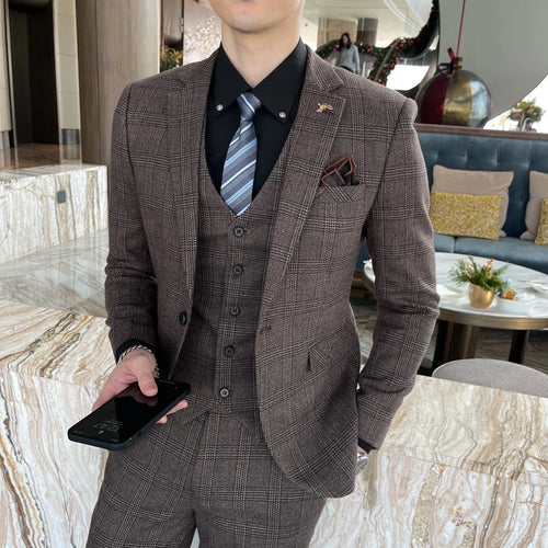 British Korean style plaid men's 3-piece business casual suit set by MANDOTOS INTERNATIONAL, featuring tailored jacket, vest, and trousers.