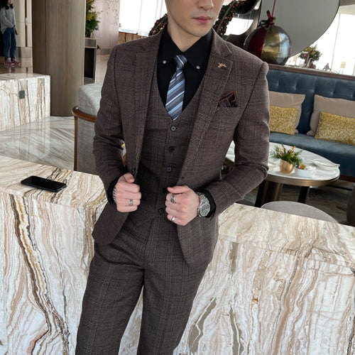 High-quality British Korean style plaid men's 3-piece business casual suit set by MANDOTOS INTERNATIONAL, shown on a mannequin.