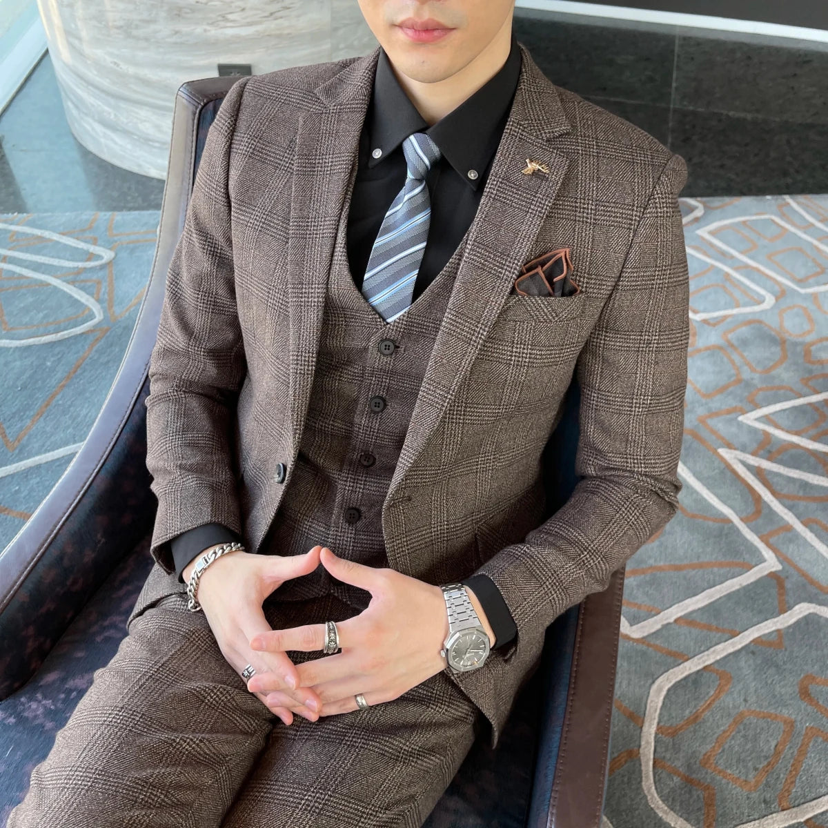 High-Quality British Korean Style Plaid Men's 3-Piece Business Casual Suit Set - MANDOTOS INTERNATIONAL