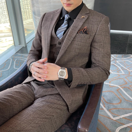 High-quality British Korean style plaid men's 3-piece business casual suit set by MANDOTOS INTERNATIONAL, featuring a blazer, vest, and trousers.