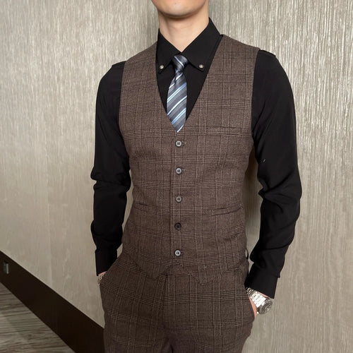 British Korean style plaid men's 3-piece business casual suit set by MANDOTOS INTERNATIONAL, featuring a tailored blazer, vest, and trousers.