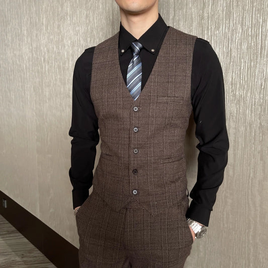 British Korean style plaid men's 3-piece business casual suit set by MANDOTOS INTERNATIONAL, featuring a tailored blazer, vest, and trousers.