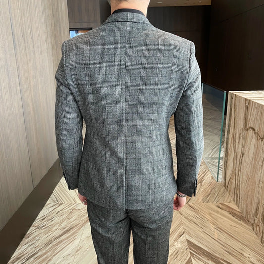 British Korean style plaid men's 3-piece business casual suit set by MANDOTOS INTERNATIONAL, featuring tailored jacket, vest, and trousers.