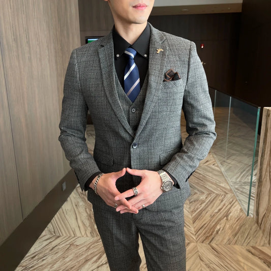 High-quality British Korean style plaid men's 3-piece business casual suit set by MANDOTOS INTERNATIONAL, featuring a jacket, vest, and trousers.