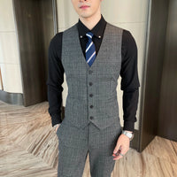 High-Quality British Korean Style Plaid Men's 3-Piece Business Casual Suit Set - MANDOTOS INTERNATIONAL