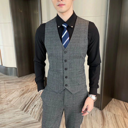 British Korean style plaid men's 3-piece business casual suit set by MANDOTOS INTERNATIONAL, featuring a tailored blazer, vest, and trousers.