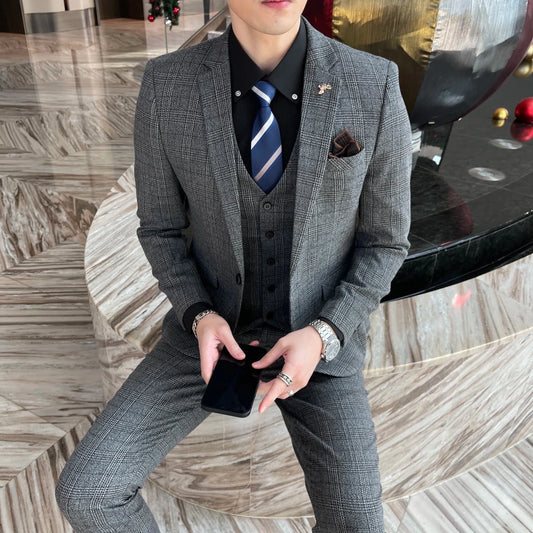 High-quality British Korean style plaid men's 3-piece business casual suit set by MANDOTOS INTERNATIONAL.