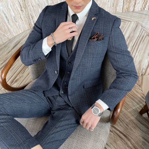 High-quality British Korean style plaid men's 3-piece business casual suit set by MANDOTOS INTERNATIONAL, featuring a jacket, vest, and trousers.
