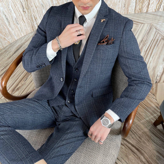 High-quality British Korean style plaid men's 3-piece business casual suit set by MANDOTOS INTERNATIONAL, featuring a jacket, vest, and trousers.