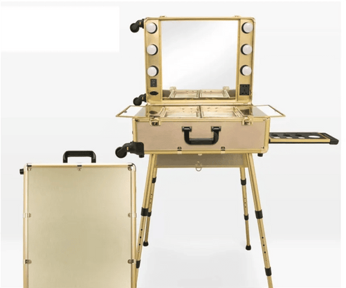 Mandotos International high-quality makeup travel rolling carry case with lights, cosmetic trolley suitcase for beauty essentials.