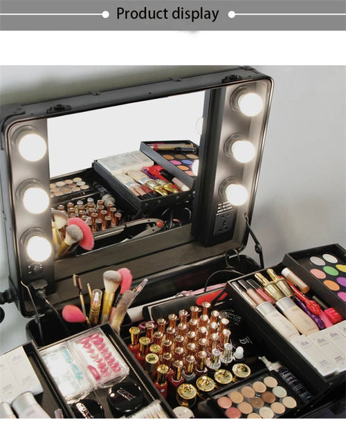 Mandotos International high-quality makeup travel rolling carry case with built-in lights, cosmetic trolley suitcase for beauty essentials.