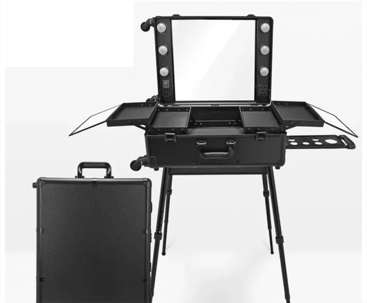 Mandotos International high-quality makeup travel rolling carry case with lights, compact cosmetic beauty trolley suitcase for travel.