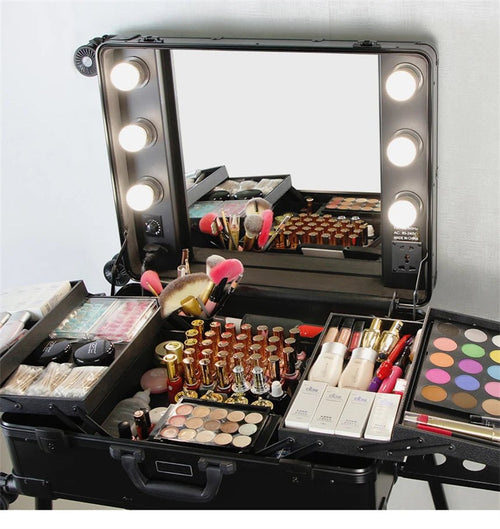 Mandotos International high-quality makeup travel rolling carry case with built-in lights, compact cosmetic trolley for beauty on the go.