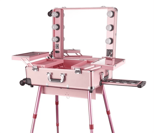 Mandotos International high-quality makeup travel rolling case with lights, cosmetic trolley with compartments for beauty essentials.