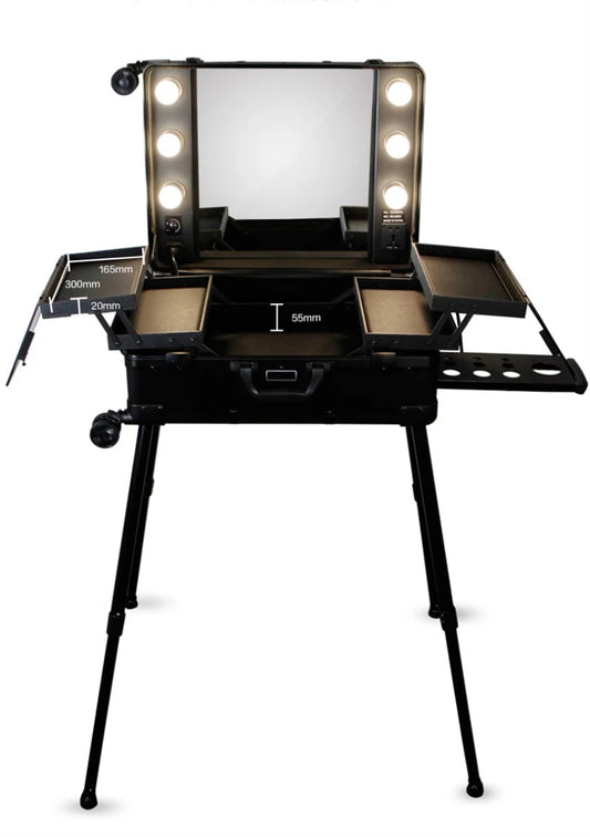 Mandotos International high-quality makeup travel rolling carry case with lights, designed for cosmetics and beauty essentials.
