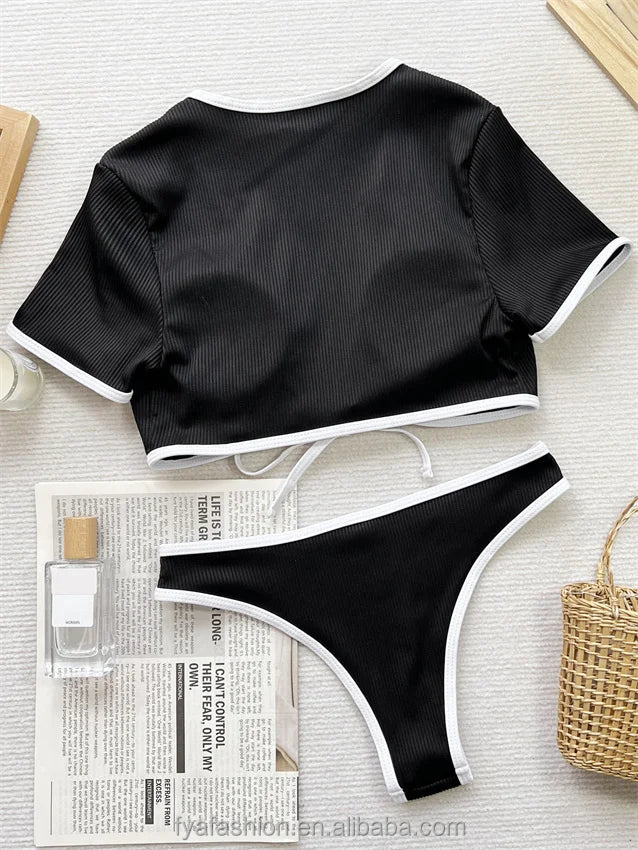 Hot Sexy Micro Girl Two Piece Racing Bikini Crop Top Competition Swimwear Short Sleeve Suit - MANDOTOS INTERNATIONAL