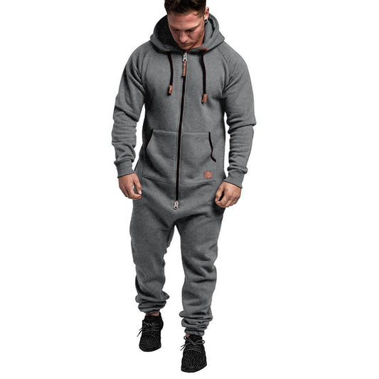 In-Stock New Foreign Trade Men's Hooded Fleece Jumpsuit Solid Color Casual Men's Suit Jumpsuit - MANDOTOS INTERNATIONAL