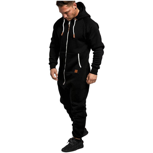 In-Stock New Foreign Trade Men's Hooded Fleece Jumpsuit Solid Color Casual Men's Suit Jumpsuit - MANDOTOS INTERNATIONAL
