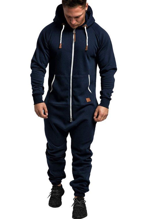 In-Stock New Foreign Trade Men's Hooded Fleece Jumpsuit Solid Color Casual Men's Suit Jumpsuit - MANDOTOS INTERNATIONAL
