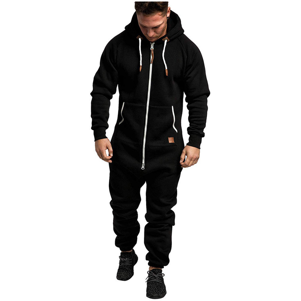 Mandotos International men's hooded fleece jumpsuit in solid color, casual men's suit with a hood, in-stock and ready to wear.