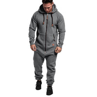Mandotos International men's hooded fleece jumpsuit in solid color, casual and in-stock for easy fashion.