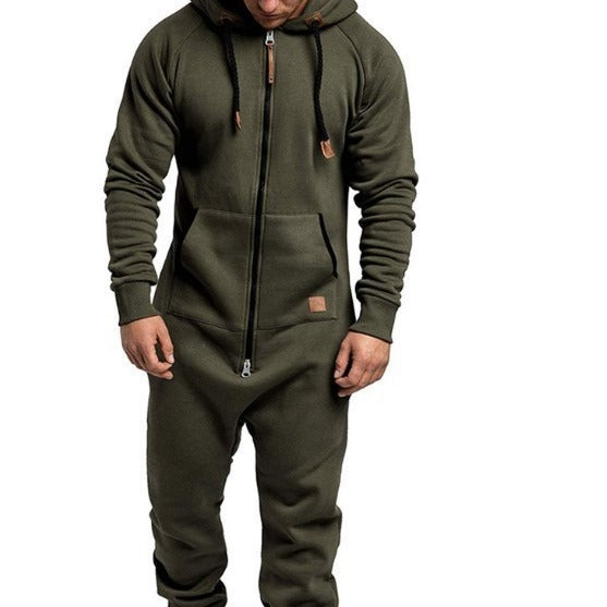 Mandotos International men's hooded fleece jumpsuit in solid color, casual and comfortable for everyday wear.