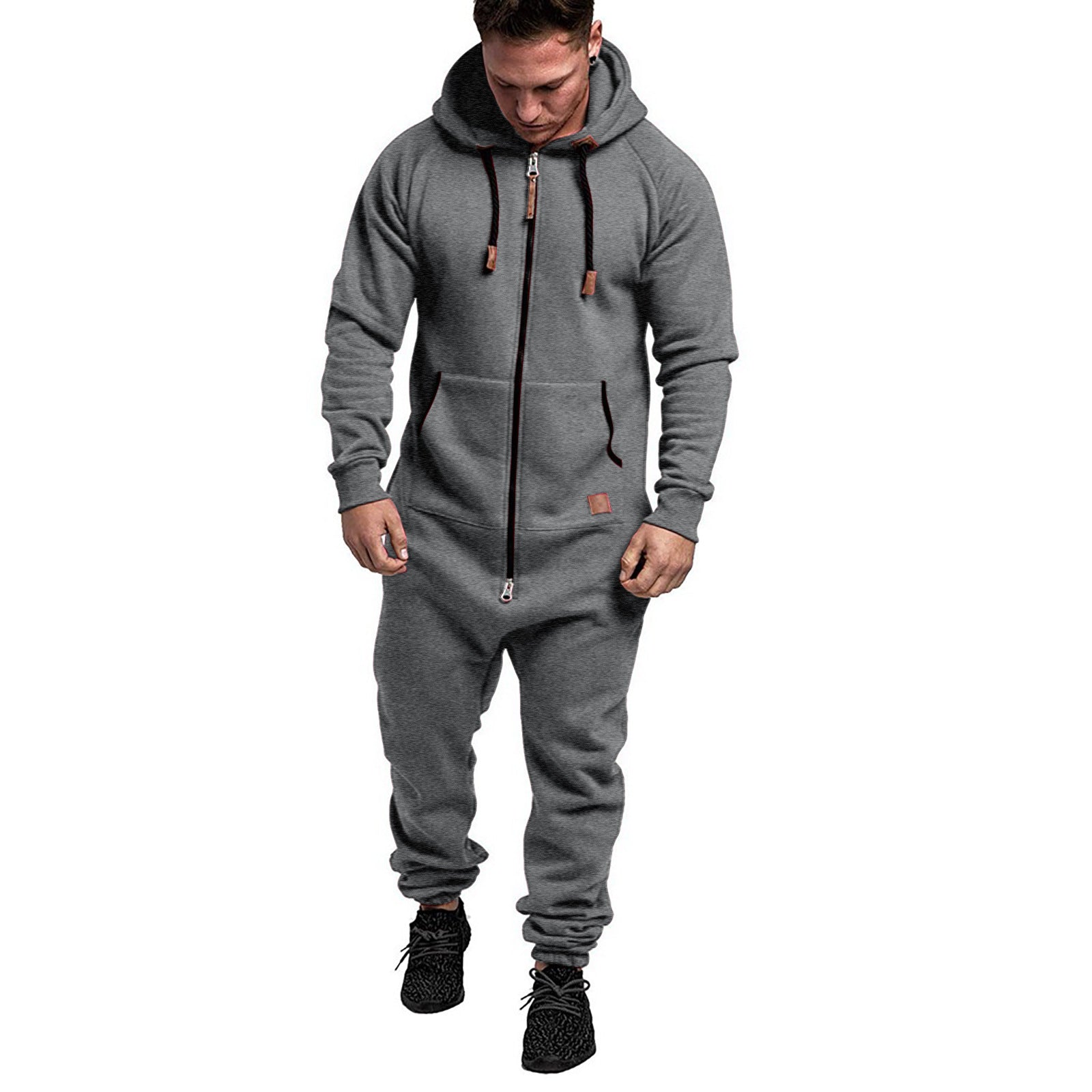 Mandotos International men's hooded fleece jumpsuit in solid color, casual style, in-stock foreign trade product.