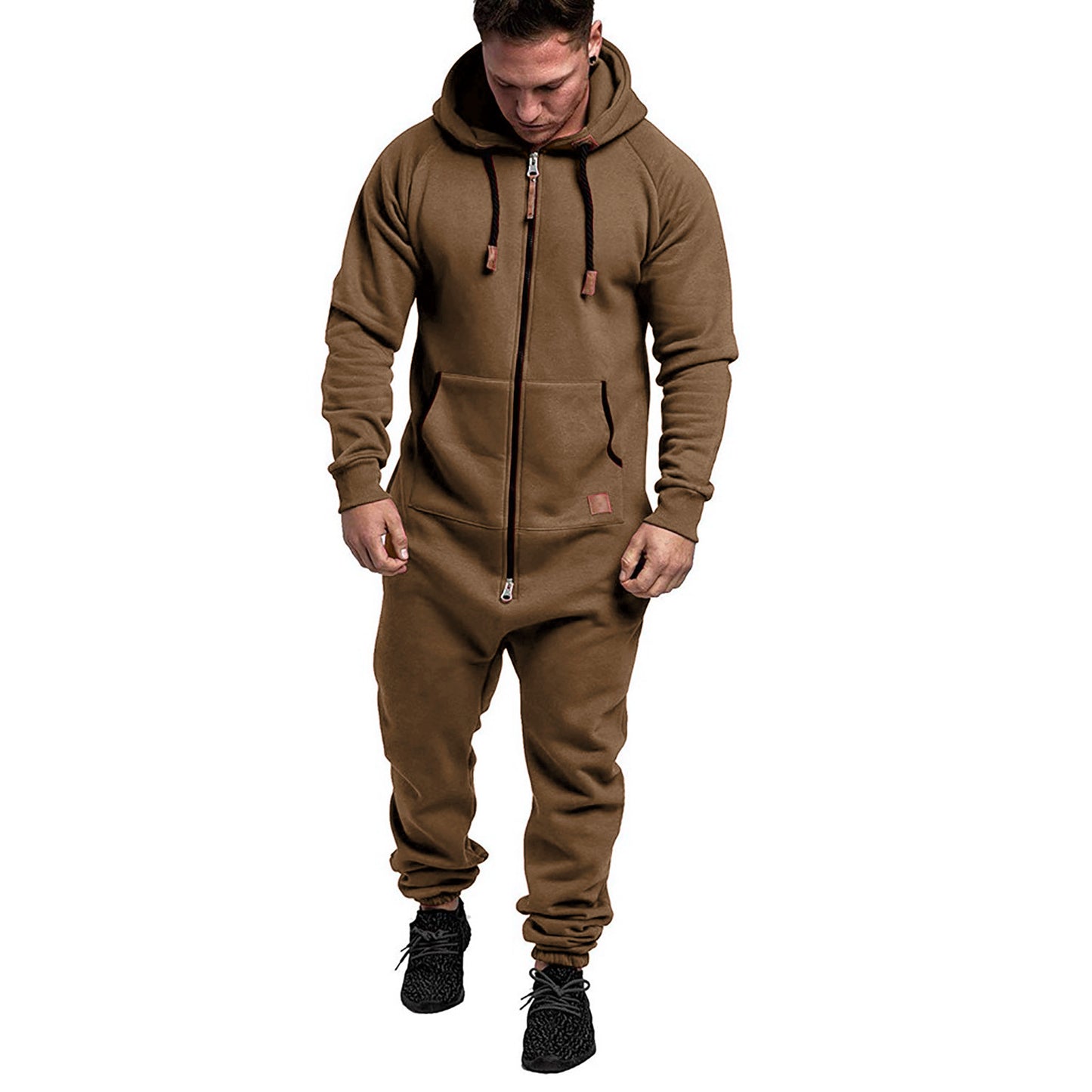 Mandotos International men's hooded fleece jumpsuit in solid color, casual and comfortable, in-stock foreign trade style.