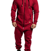 Mandotos International men's hooded fleece jumpsuit in solid color, casual and in-stock for easy wear and comfort.
