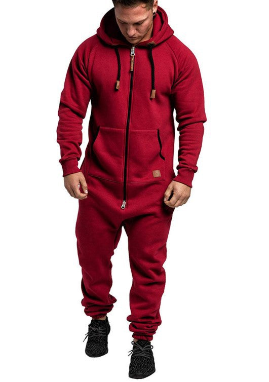 Mandotos International men's hooded fleece jumpsuit in solid color, casual and in-stock for easy wear and comfort.