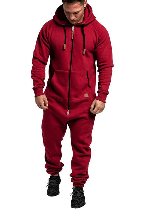 Mandotos International men's hooded fleece jumpsuit in solid color, casual and in-stock for foreign trade use.