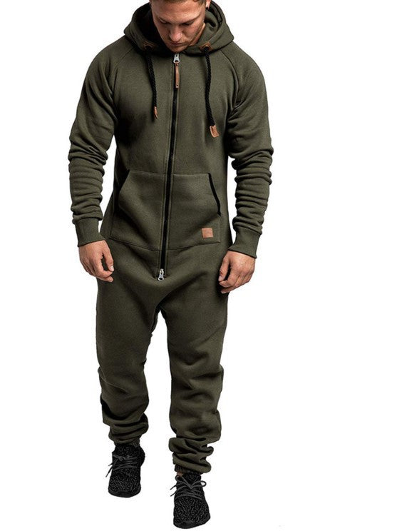 Mandotos International men's hooded fleece jumpsuit in solid color, casual and in-stock for comfortable, stylish everyday wear.